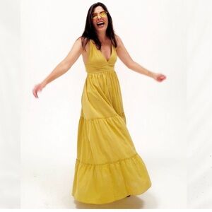 Boho Chic Organic Cotton Mustard Yellow Maxi Tiered Summer Dress- Fits (S–XL)